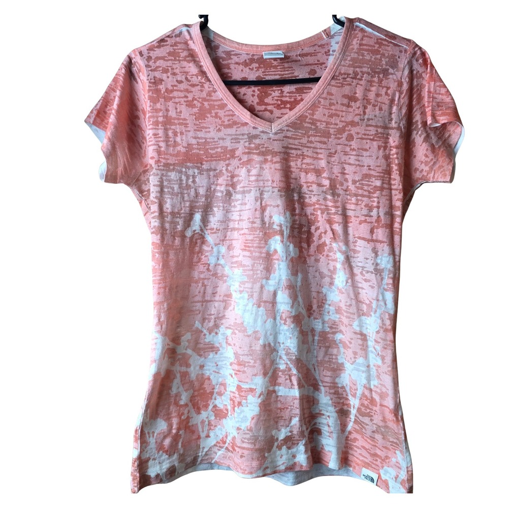 The North Face Womens Small Burnout V Neck Tee Pink Floral Graphic Short Sleeve